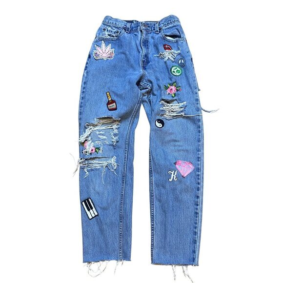 Vintage Levis Womens 550 High-Waisted Blue Jeans With Distressed Patches USA - Picture 1 of 8